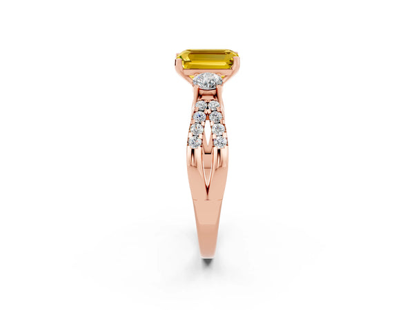 Rose gold Emerald Cut Yellow Sapphire Three-Stone Ring with Pavé Split Shank and Four-Prong Setting