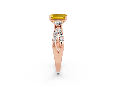 Rose gold Emerald Cut Yellow Sapphire Three-Stone Ring with Pavé Split Shank and Four-Prong Setting_26