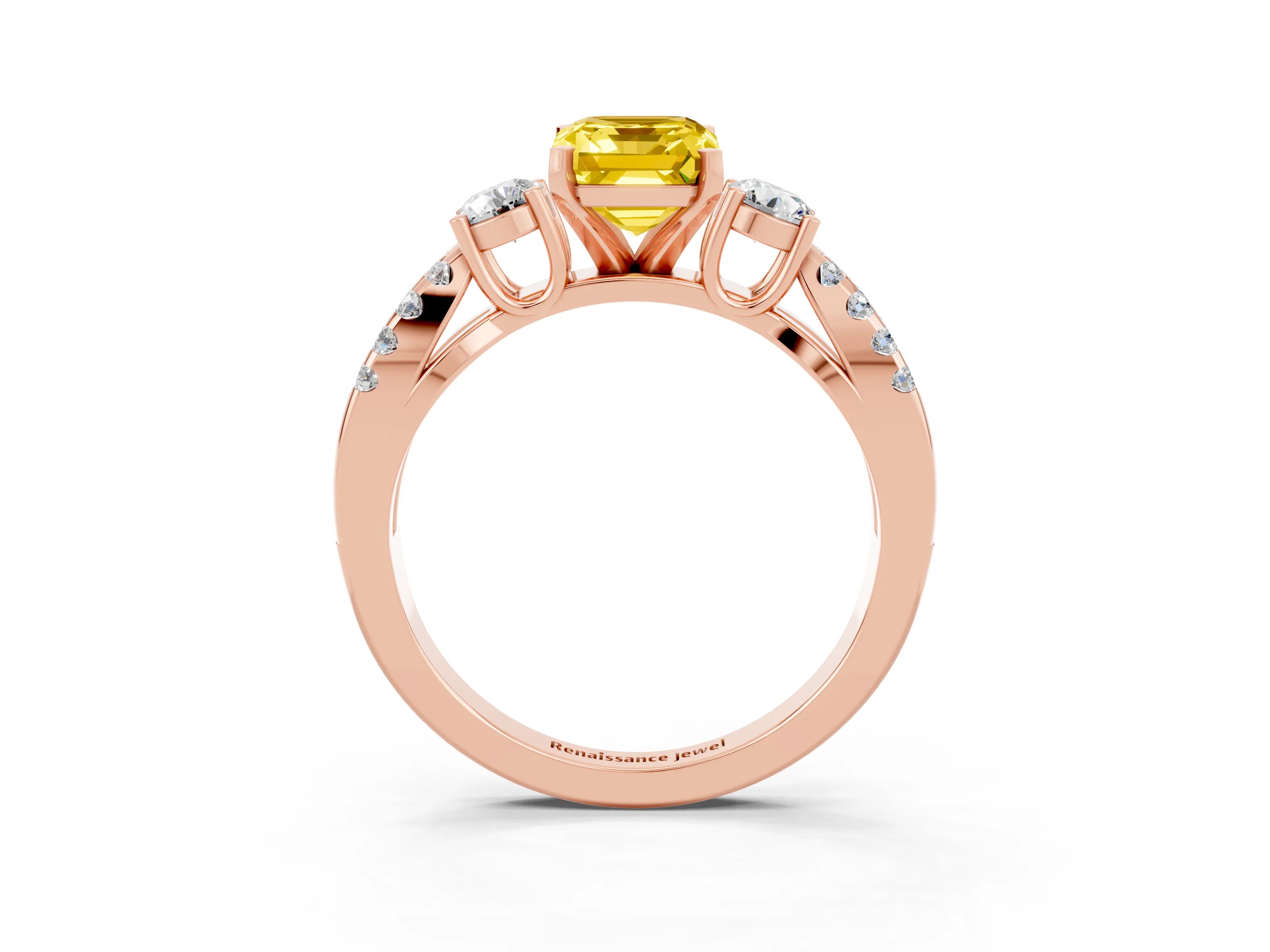 Rose gold Emerald Cut Yellow Sapphire Three-Stone Ring with Pavé Split Shank and Four-Prong Setting_27