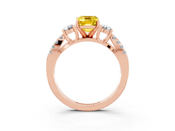 Rose gold Emerald Cut Yellow Sapphire Three-Stone Ring with Pavé Split Shank and Four-Prong Setting