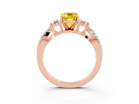 Rose gold Emerald Cut Yellow Sapphire Three-Stone Ring with Pavé Split Shank and Four-Prong Setting_27