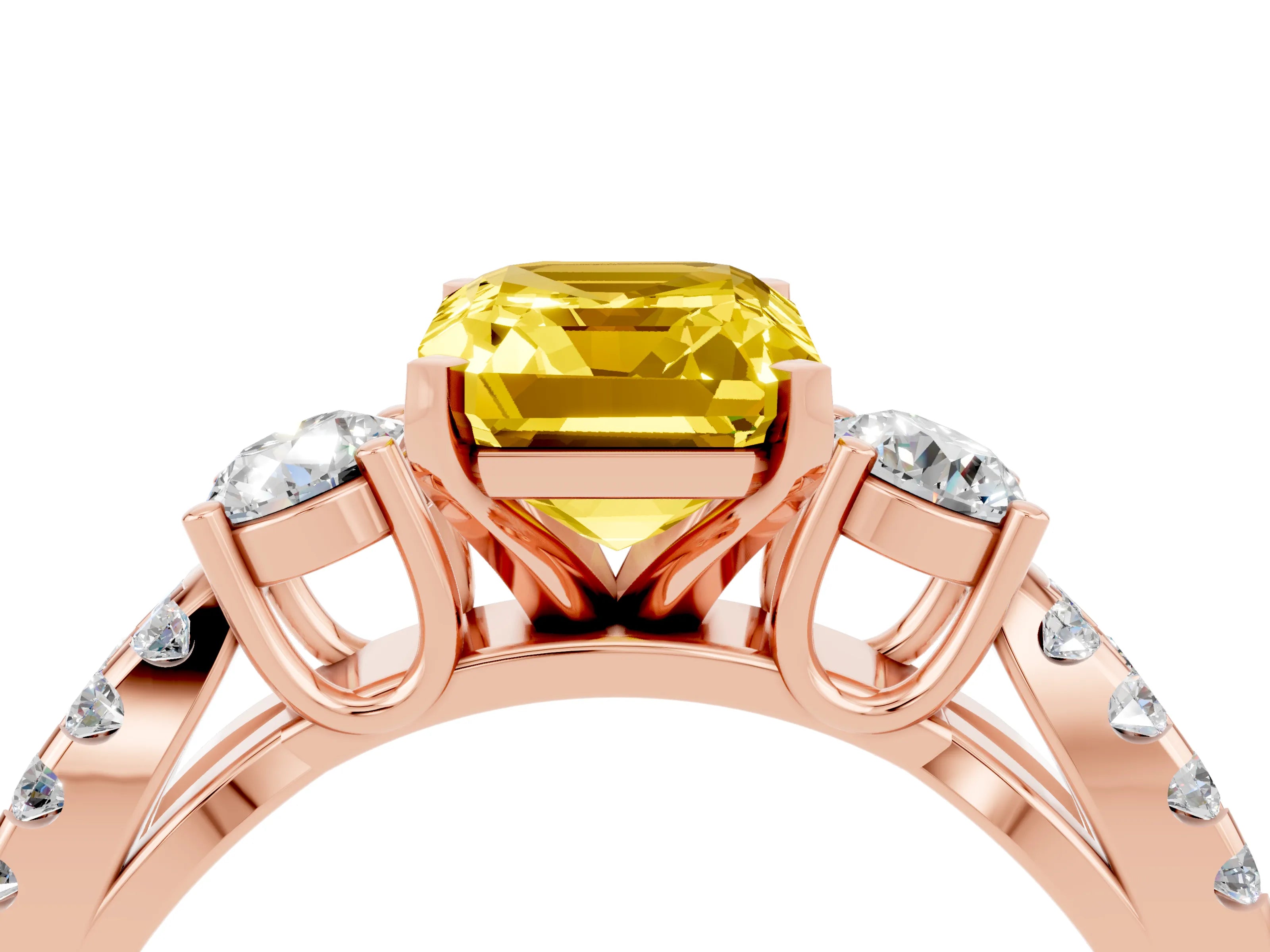 Rose gold Emerald Cut Yellow Sapphire Three-Stone Ring with Pavé Split Shank and Four-Prong Setting_28