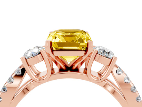 Rose gold Emerald Cut Yellow Sapphire Three-Stone Ring with Pavé Split Shank and Four-Prong Setting_28