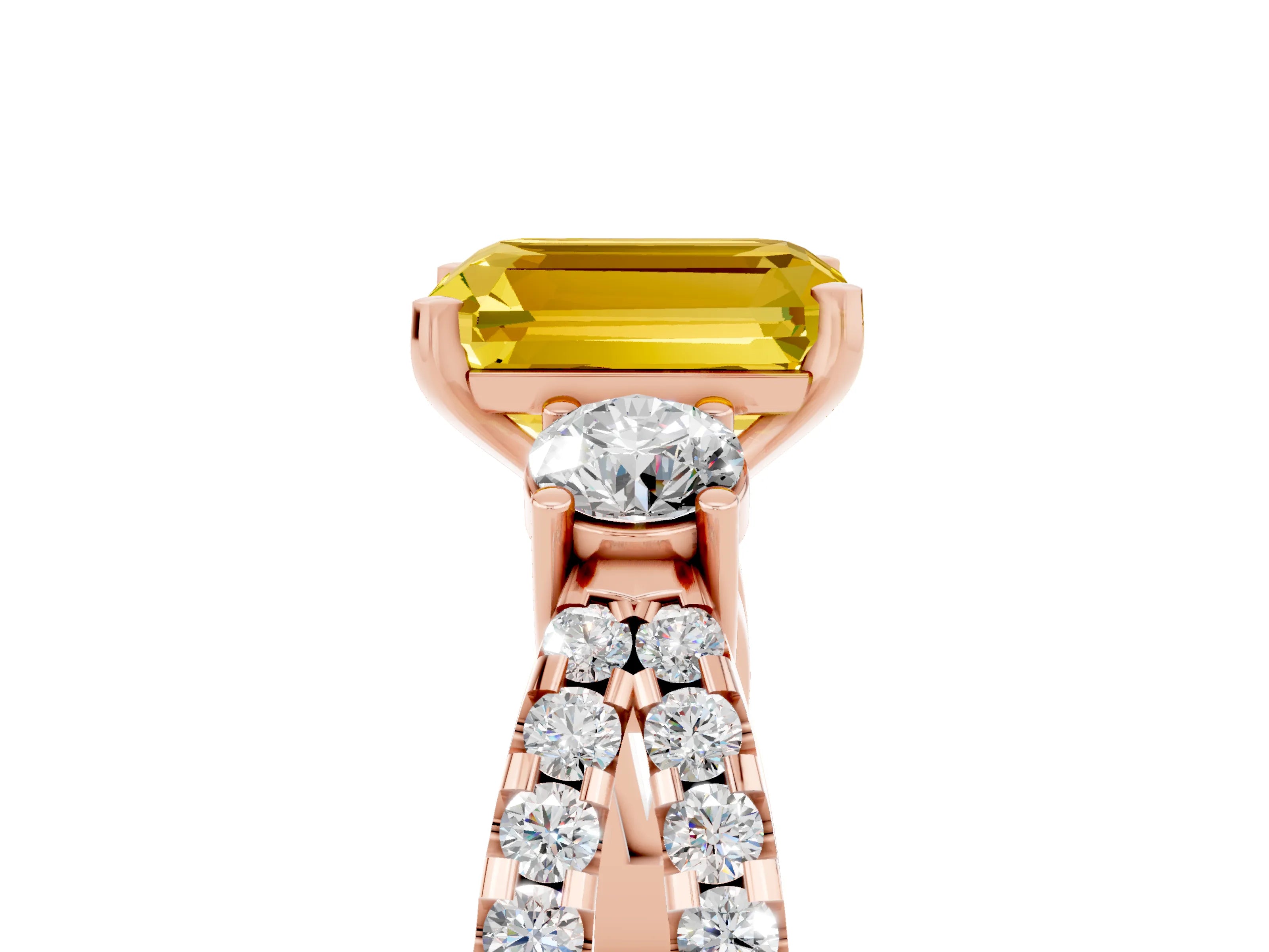 Rose gold Emerald Cut Yellow Sapphire Three-Stone Ring with Pavé Split Shank and Four-Prong Setting_29