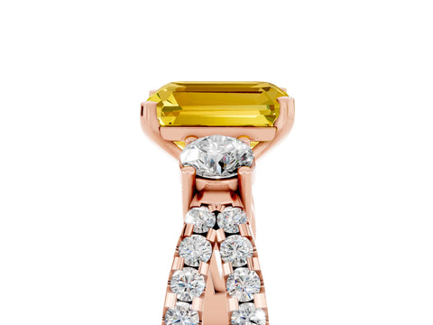 Rose gold Emerald Cut Yellow Sapphire Three-Stone Ring with Pavé Split Shank and Four-Prong Setting_29