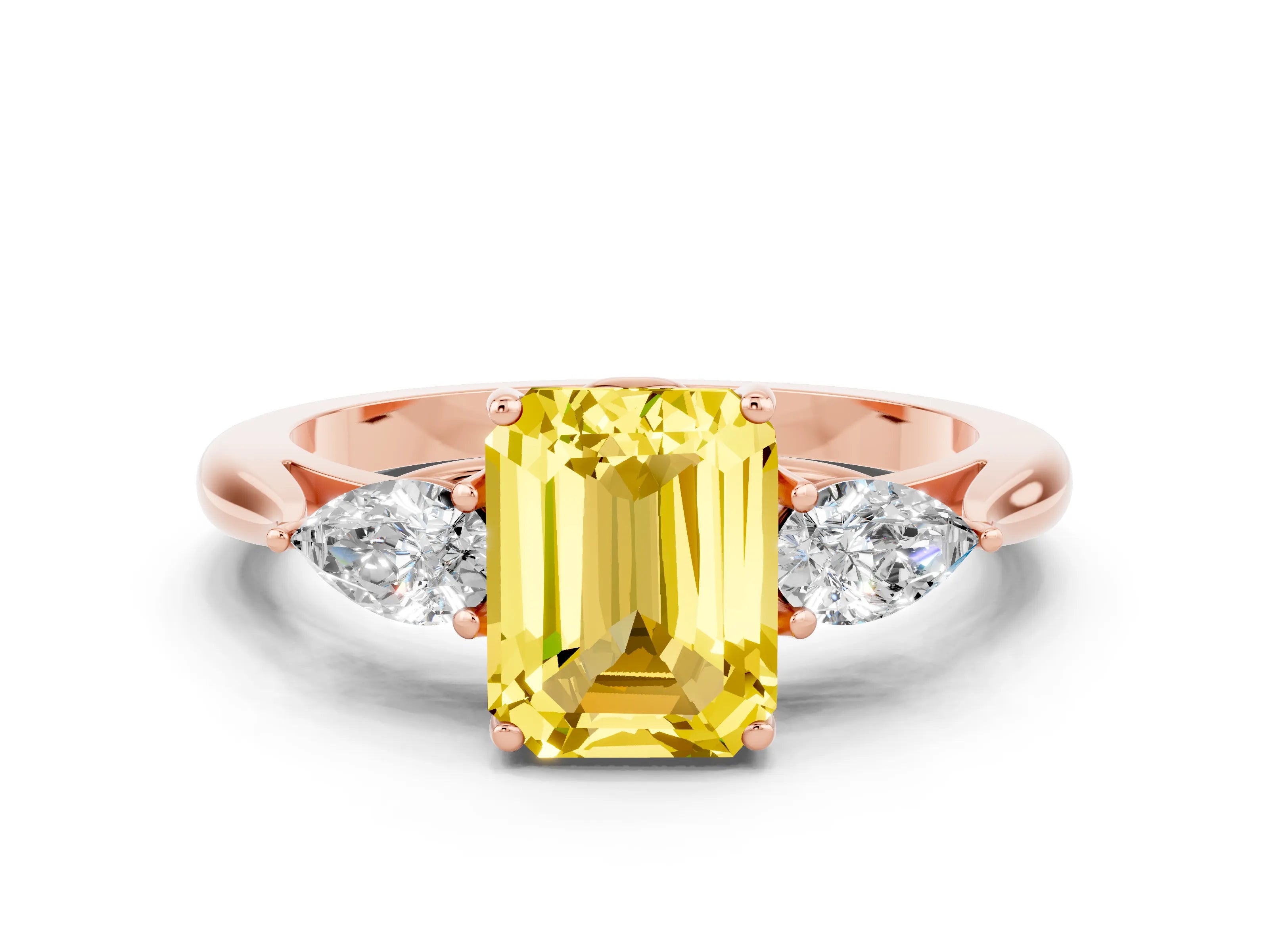 Rose gold Emerald Cut Yellow Sapphire Three-Stone Ring with Pear Side Stones and Four-Prong Setting_12