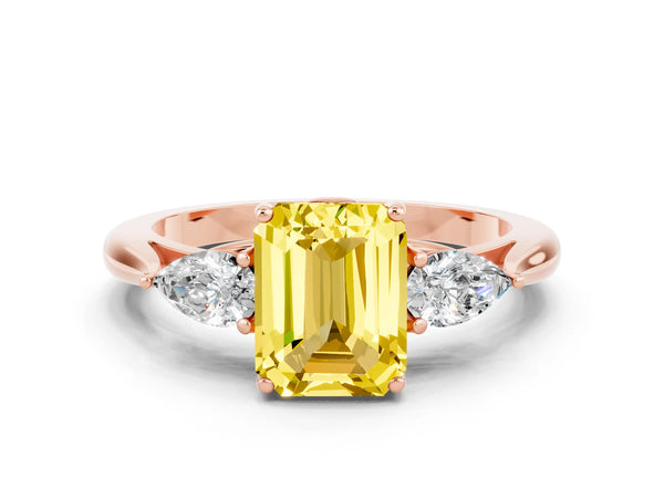 Rose gold Emerald Cut Yellow Sapphire Three-Stone Ring with Pear  Side Stones and Prong Setting