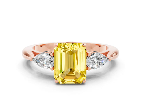 Rose gold Emerald Cut Yellow Sapphire Three-Stone Ring with Pear Side Stones and Four-Prong Setting_12