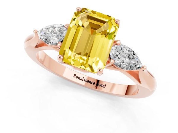 Rose gold Emerald Cut Yellow Sapphire Three-Stone Ring with Pear  Side Stones and Prong Setting