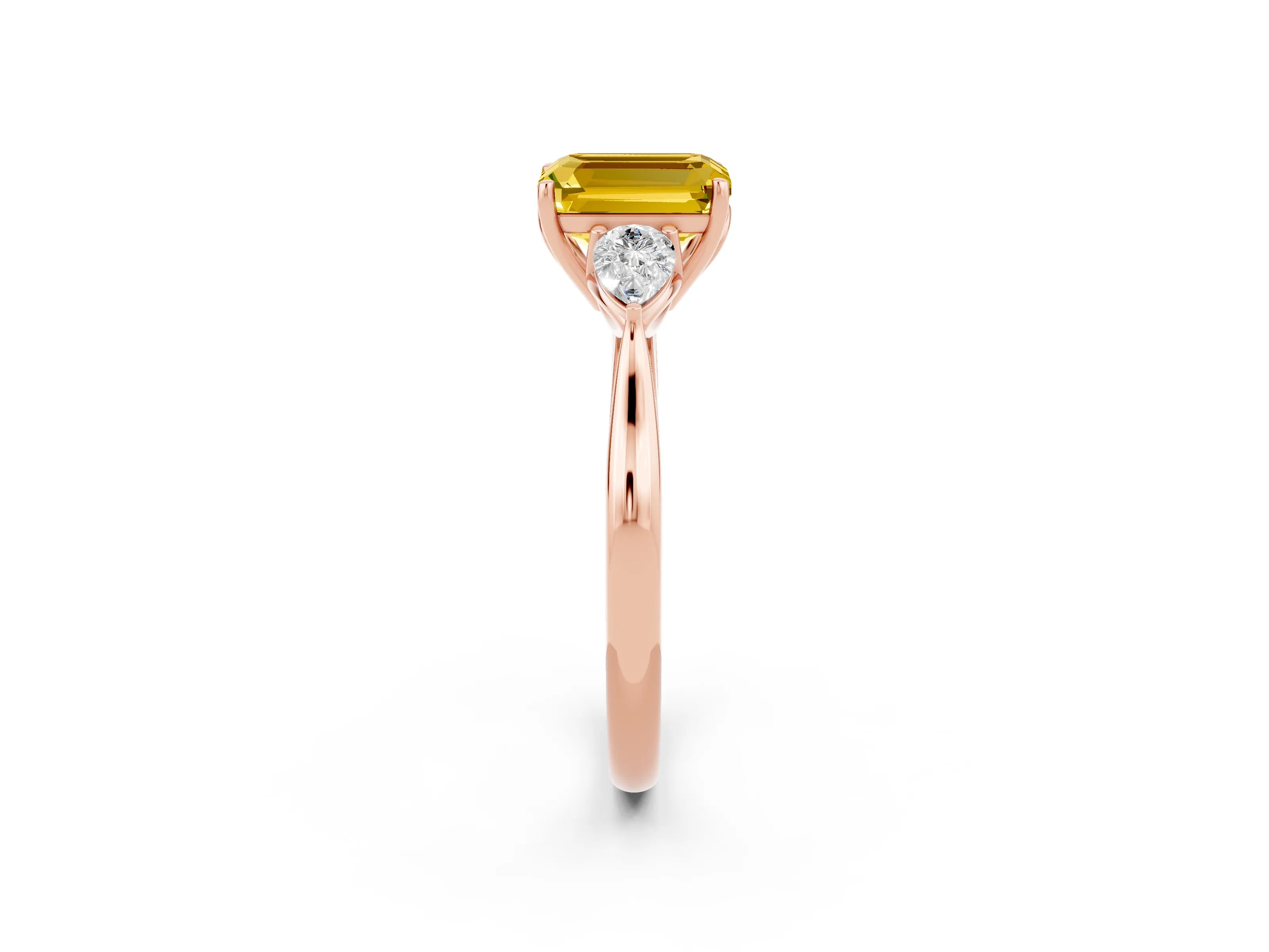 Rose gold Emerald Cut Yellow Sapphire Three-Stone Ring with Pear Side Stones and Four-Prong Setting_14