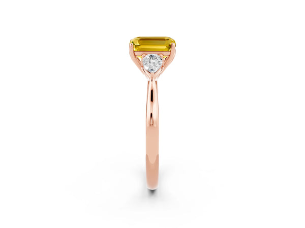 Rose gold Emerald Cut Yellow Sapphire Three-Stone Ring with Pear  Side Stones and Prong Setting