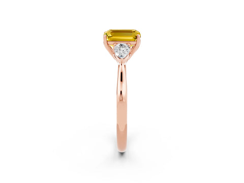 Rose gold Emerald Cut Yellow Sapphire Three-Stone Ring with Pear Side Stones and Four-Prong Setting_14