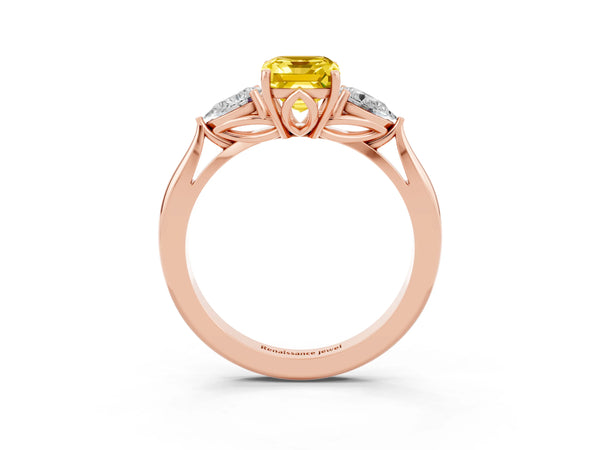 Rose gold Emerald Cut Yellow Sapphire Three-Stone Ring with Pear  Side Stones and Prong Setting