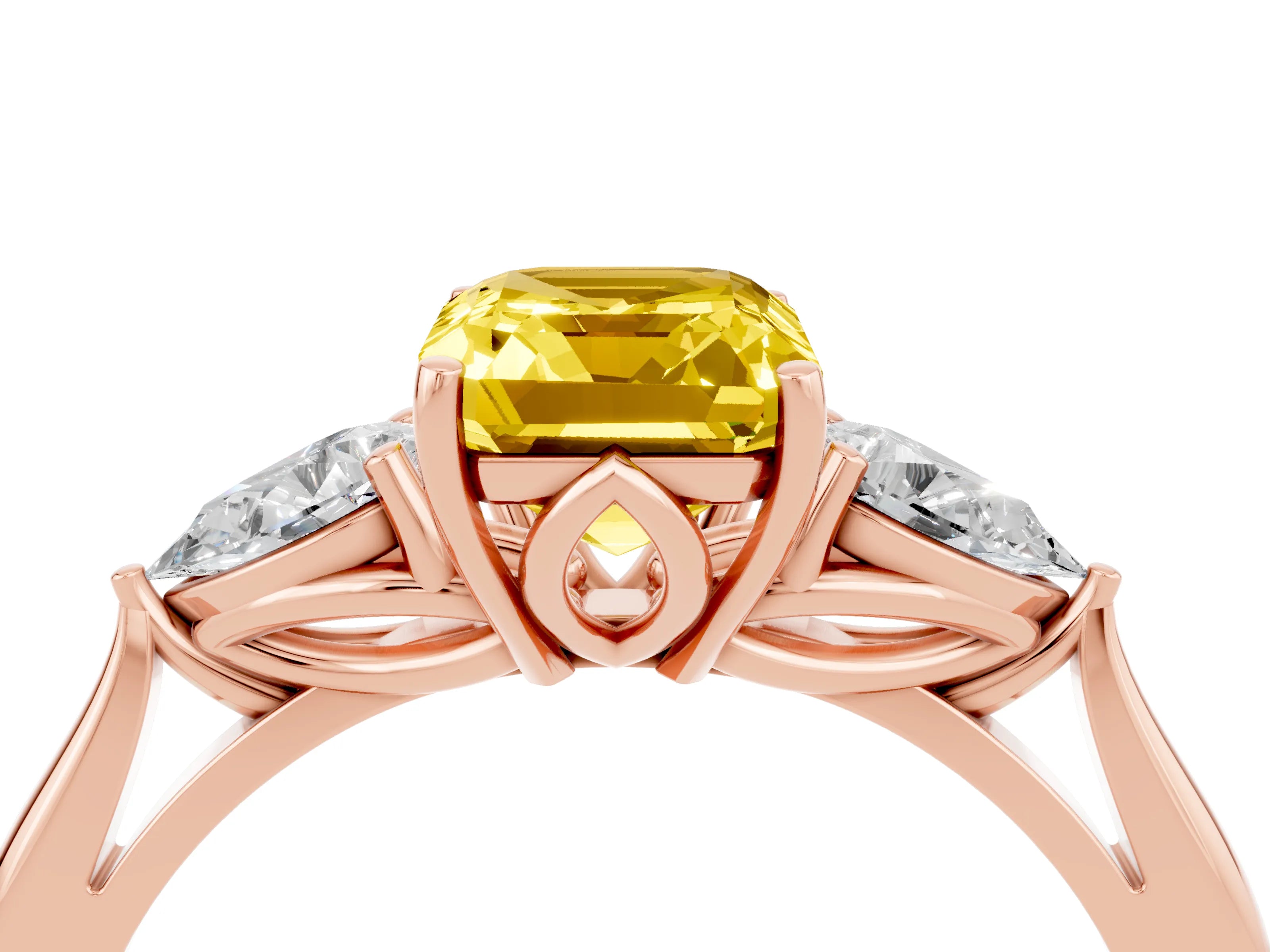 Rose gold Emerald Cut Yellow Sapphire Three-Stone Ring with Pear Side Stones and Four-Prong Setting_16