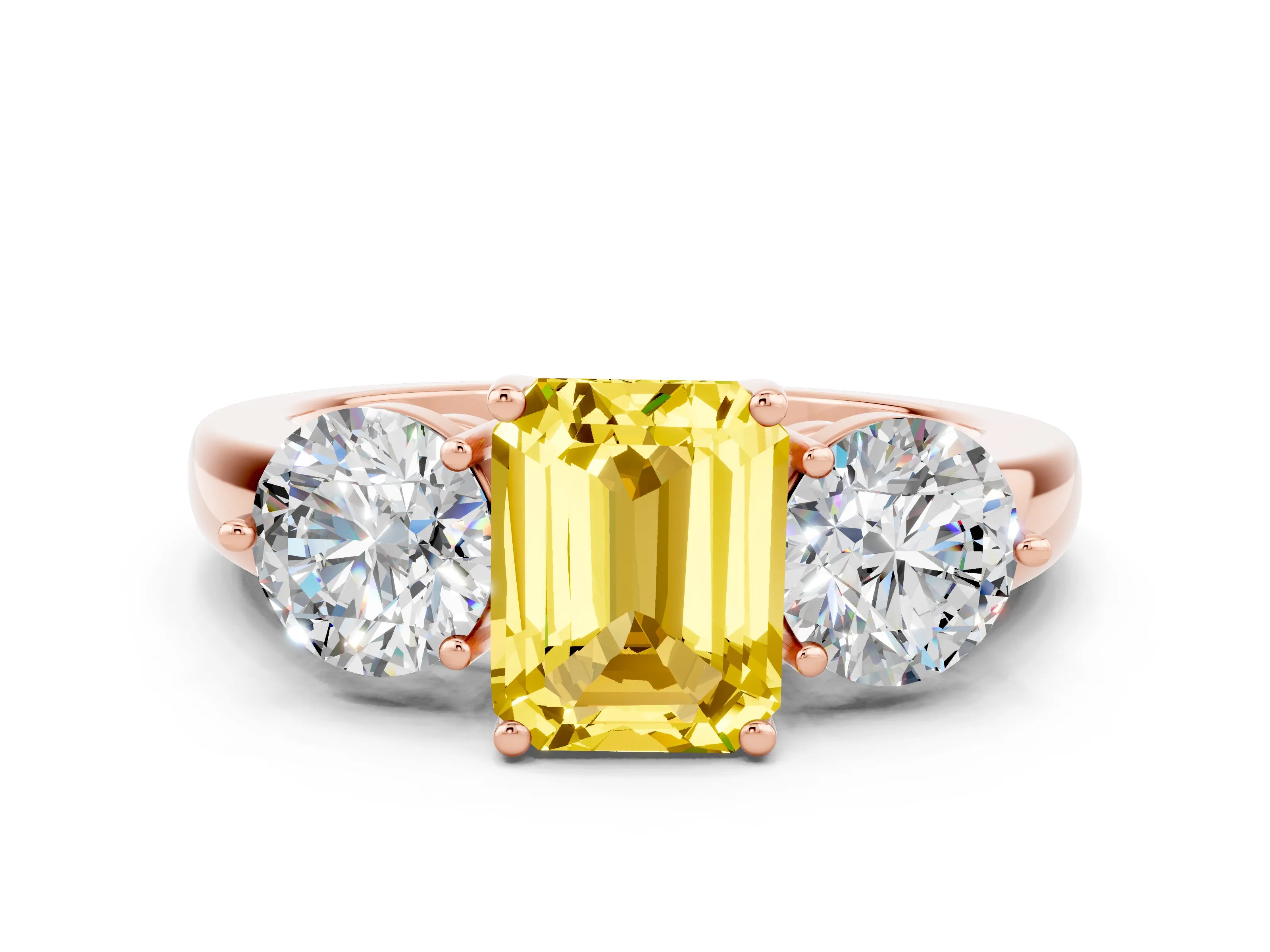 Rose gold Emerald Cut Yellow Sapphire Three-Stone Ring with Prong Setting and Classic Band
