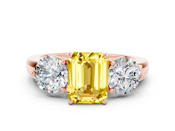Rose gold Emerald Cut Yellow Sapphire Three-Stone Ring with Prong Setting and Classic Band