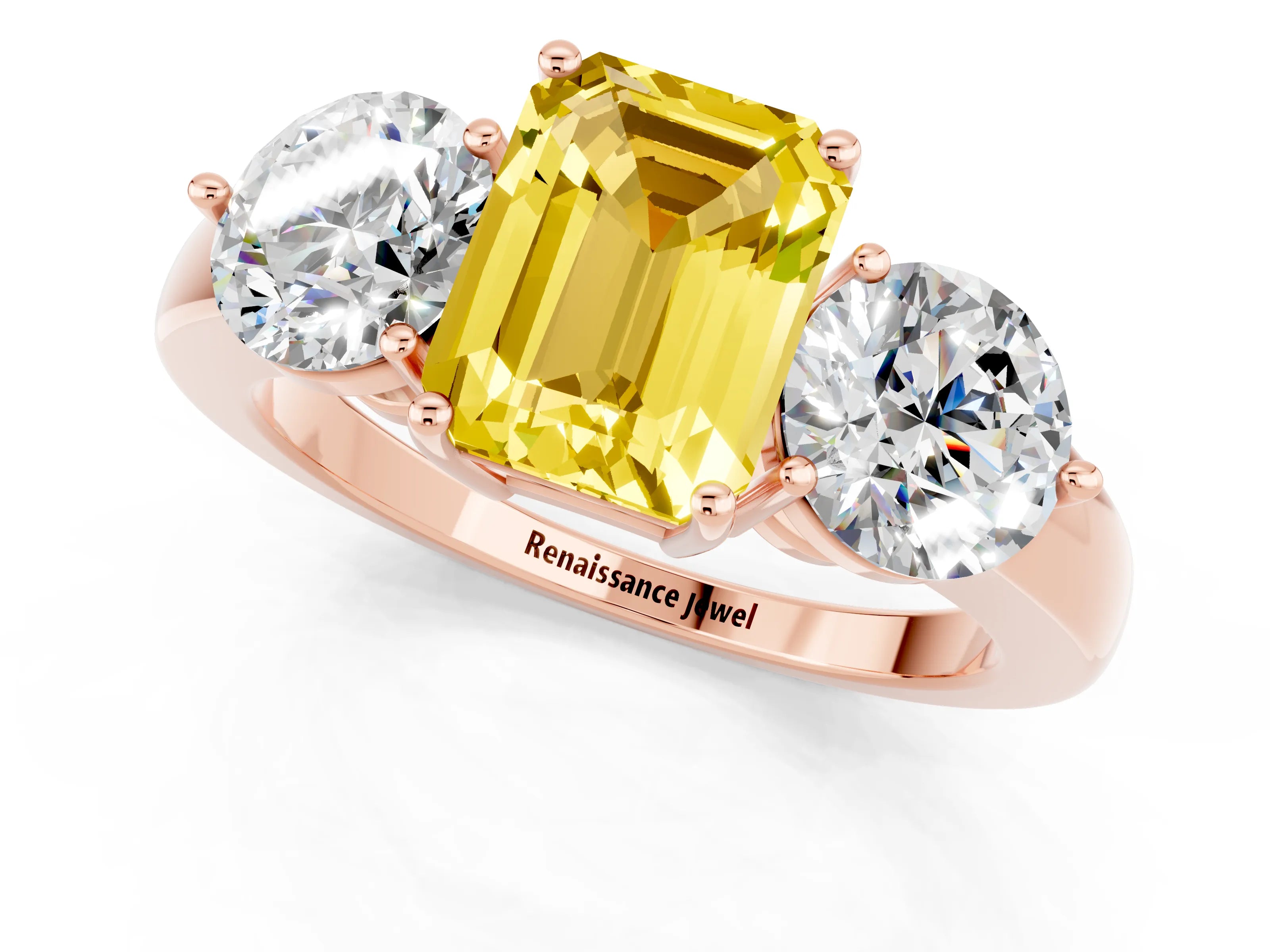 Rose gold Emerald Cut Yellow Sapphire Three-Stone Ring with Prong Setting and Classic Band_1