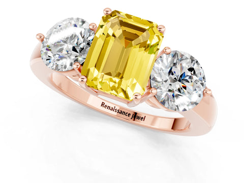Rose gold Emerald Cut Yellow Sapphire Three-Stone Ring with Prong Setting and Classic Band_1