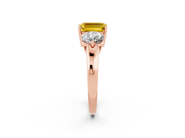 Rose gold Emerald Cut Yellow Sapphire Three-Stone Ring with Prong Setting and Classic Band