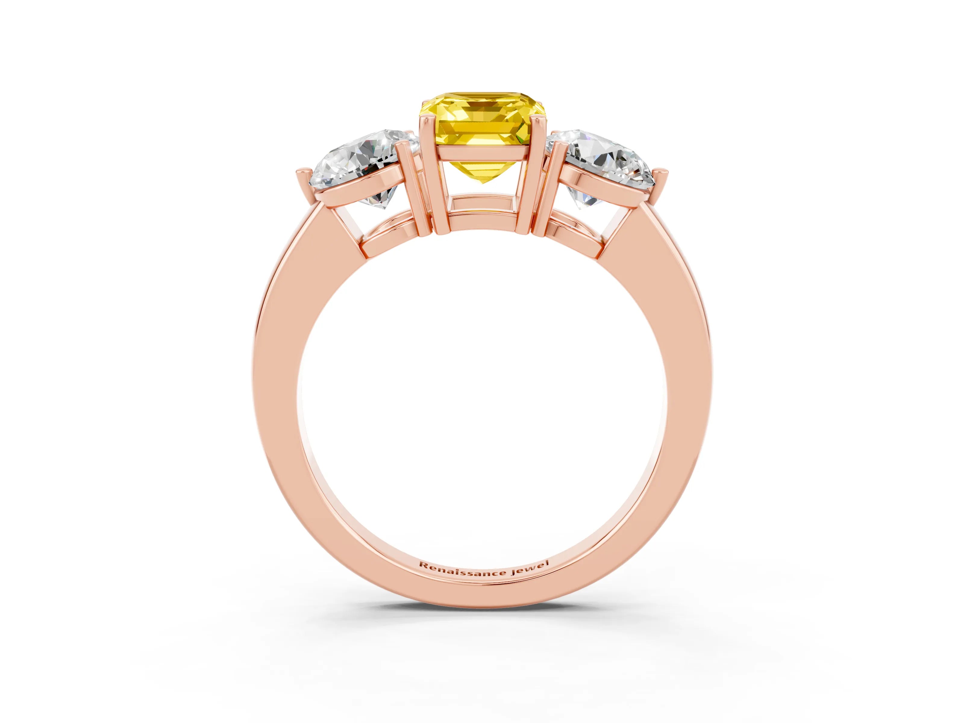Rose gold Emerald Cut Yellow Sapphire Three-Stone Ring with Prong Setting and Classic Band_3