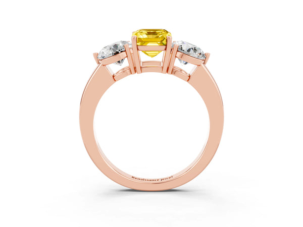 Rose gold Emerald Cut Yellow Sapphire Three-Stone Ring with Prong Setting and Classic Band