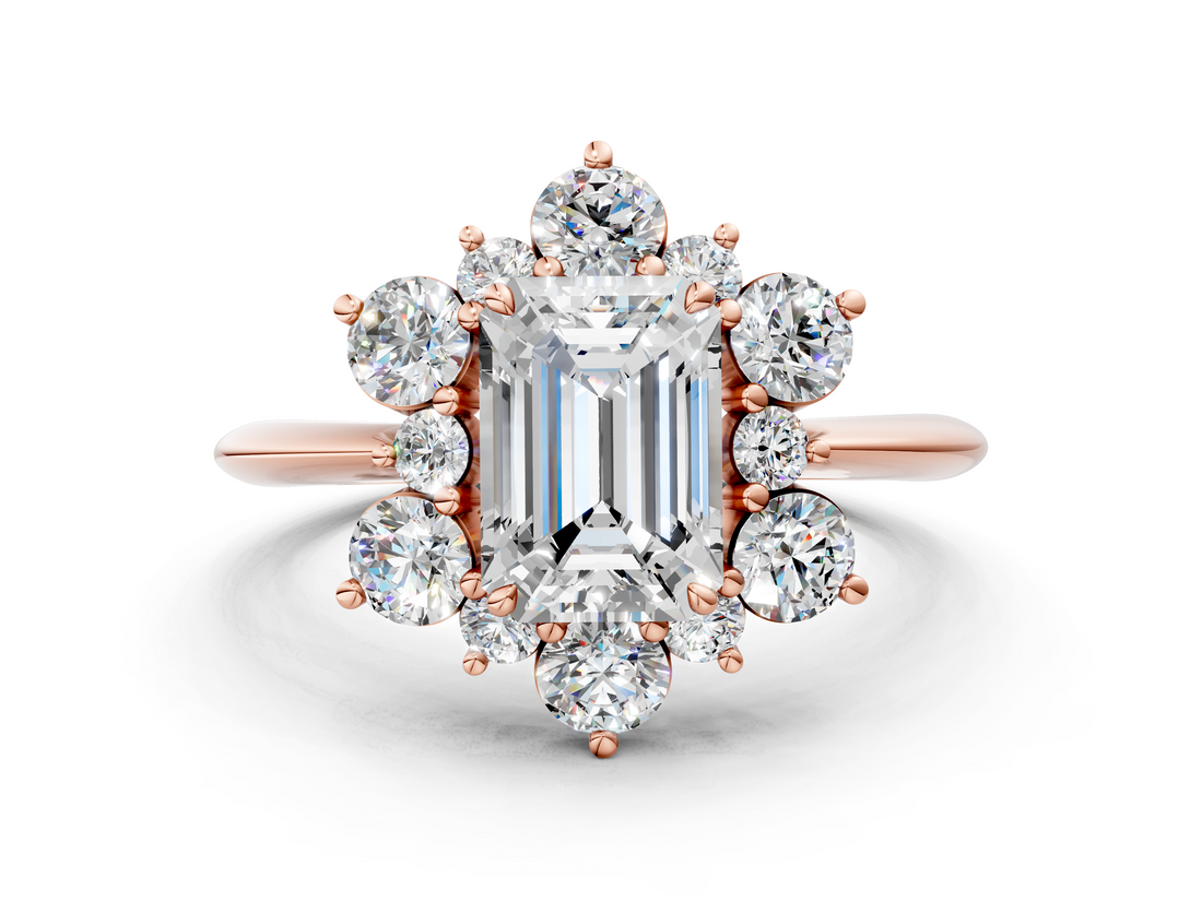 Rose gold Emerald Diamond Cluster Halo Ring with Solitaire Band and Four-Prong Setting_20