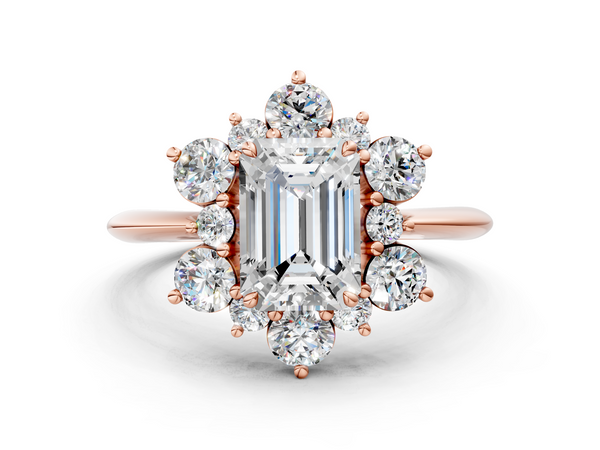 Rose gold Emerald Diamond Cluster Halo Ring with Solitaire Band and Four-Prong Setting