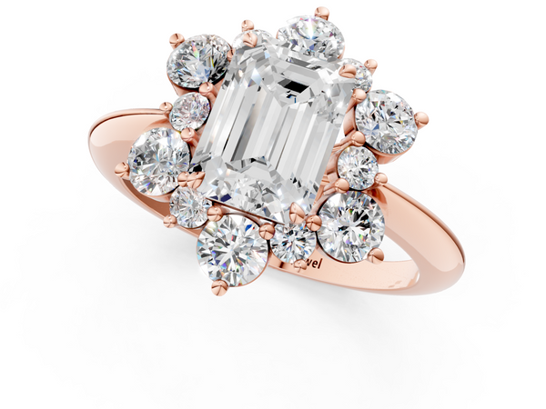 Rose gold Emerald Diamond Cluster Halo Ring with Solitaire Band and Four-Prong Setting