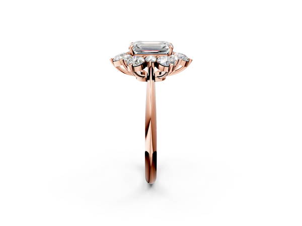 Rose gold Emerald Diamond Cluster Halo Ring with Solitaire Band and Four-Prong Setting