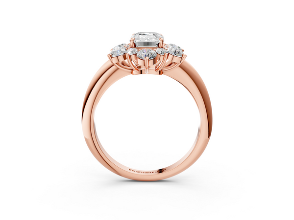 Rose gold Emerald Diamond Cluster Halo Ring with Solitaire Band and Four-Prong Setting