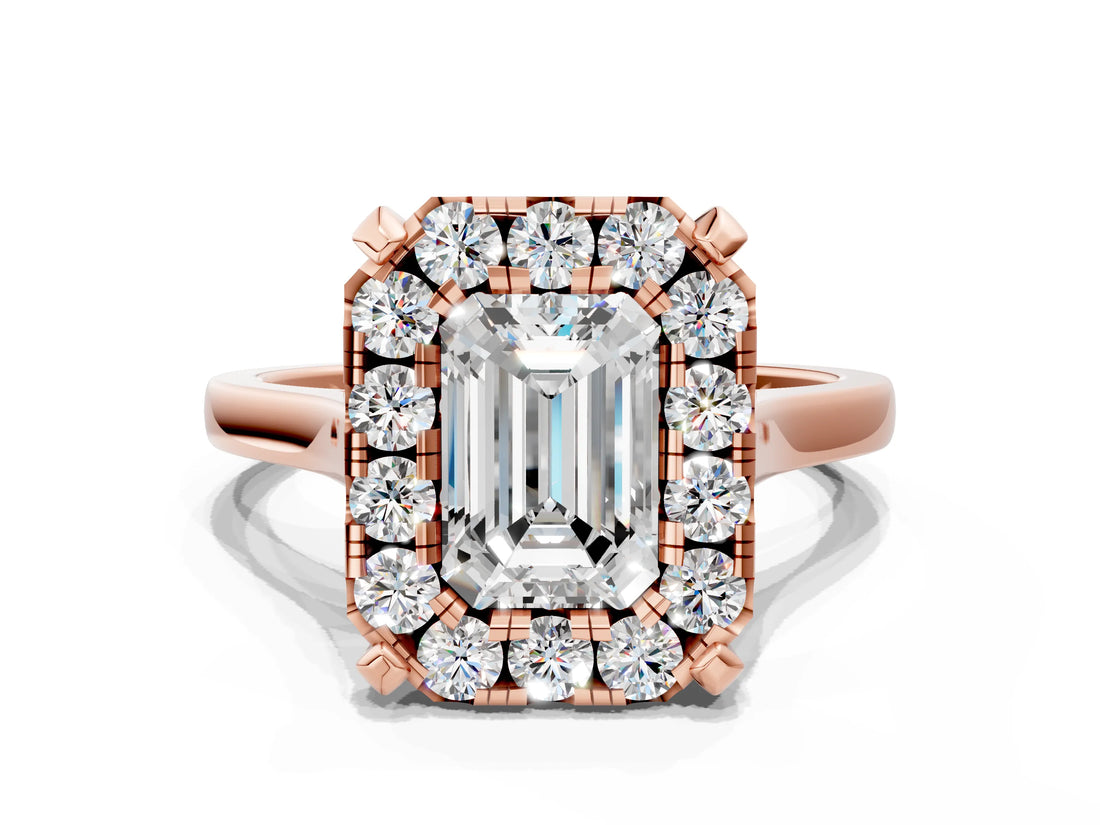 Rose gold Emerald Diamond Cluster Halo Solitaire with Four-Prong Setting_94