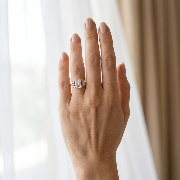Rose gold Emerald Diamond Cluster Leaf Design Ring with Prong Setting