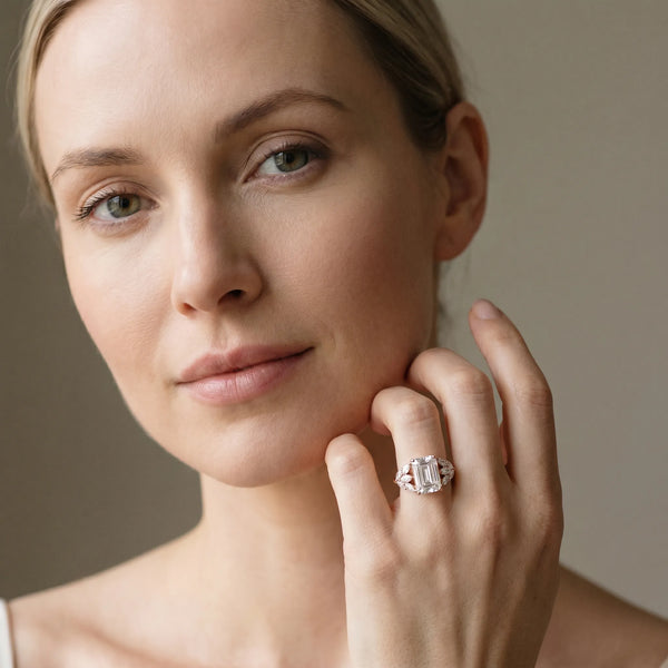 Rose gold Emerald Diamond Cluster Leaf Design Ring with Prong Setting