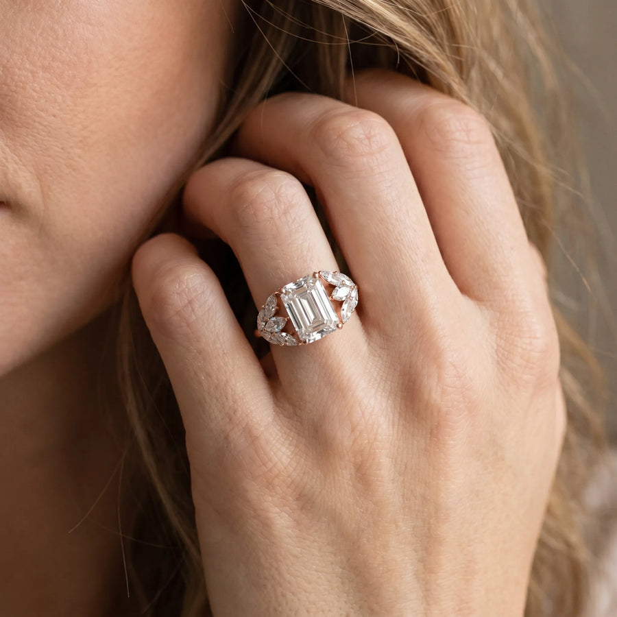 Rose gold Emerald Diamond Cluster Leaf Design Ring with Prong Setting