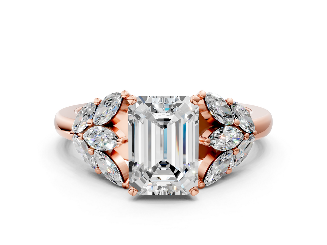 Rose gold Emerald Diamond Cluster Leaf Design Ring with Prong Setting_66