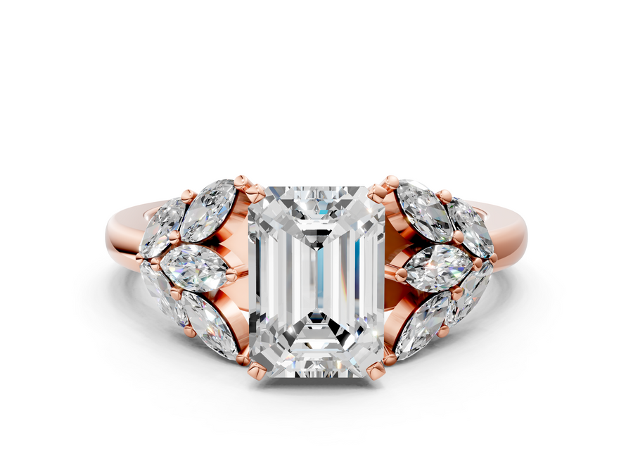 Rose gold Emerald Diamond Cluster Leaf Design Ring with Prong Setting