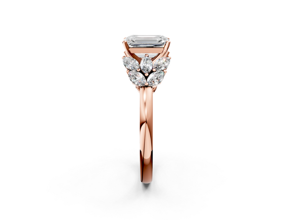 Rose gold Emerald Diamond Cluster Leaf Design Ring with Prong Setting