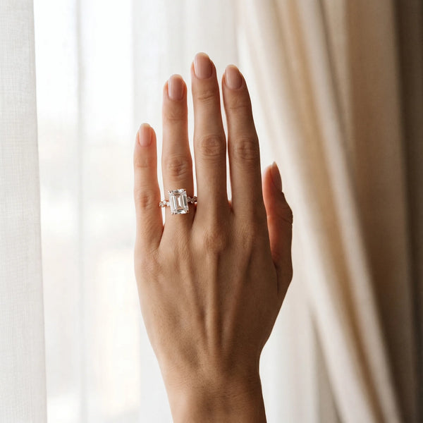 Rose gold Emerald Diamond Cluster Prong-Set Solitaire Ring