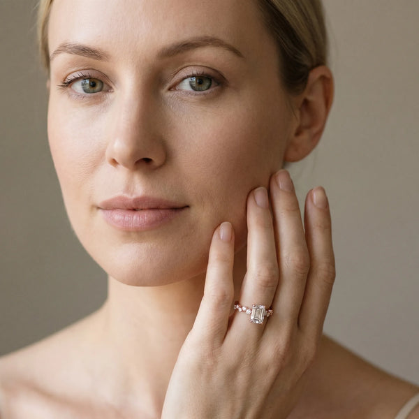 Rose gold Emerald Diamond Cluster Prong-Set Solitaire Ring
