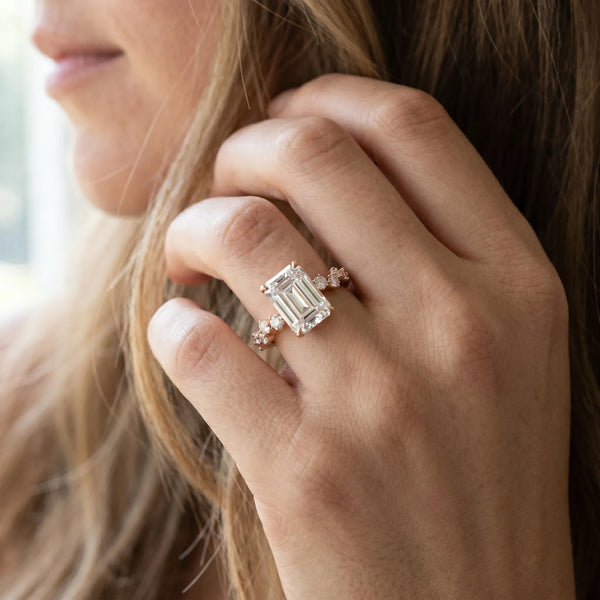 Rose gold Emerald Diamond Cluster Prong-Set Solitaire Ring