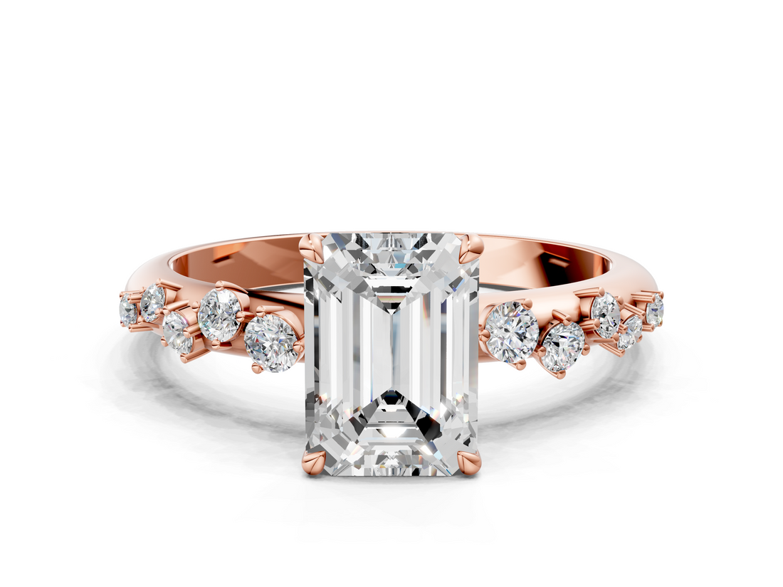 Rose gold Emerald Diamond Cluster Prong-Set Solitaire Ring_56