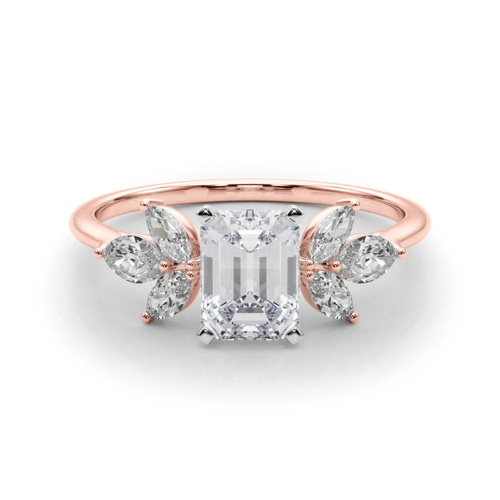Rose gold Emerald Diamond Floral Cluster Ring with Marquise Side Stones and Six-Prong Solitaire Setting