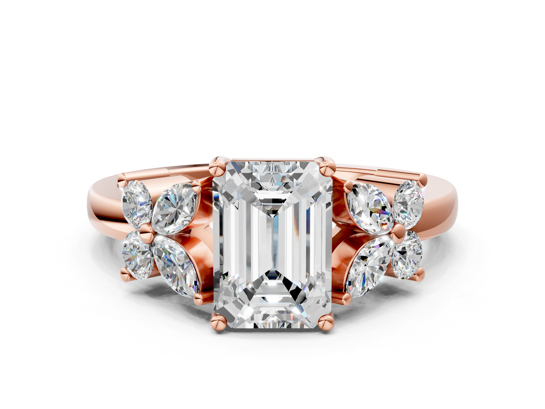 Rose gold Emerald Diamond Floral Cluster Ring with Solitaire Band and Prong Setting_93