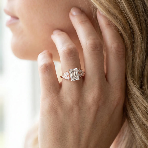 Rose gold Emerald Diamond Floral Side Stone Solitaire with Marquise Accents and Four-Prong Setting