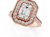 Rose gold Emerald Diamond Halo Ring with Milgrain Frame and Pavé Band 1