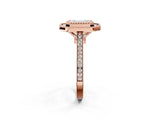 Rose gold Emerald Diamond Halo Ring with Milgrain Frame and Pavé Band 2