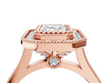 Rose gold Emerald Diamond Halo Ring with Milgrain Frame and Pavé Band 4