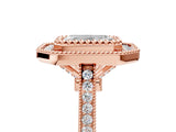 Rose gold Emerald Diamond Halo Ring with Milgrain Frame and Pavé Band 5