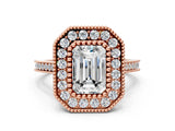 Rose gold Emerald Diamond Halo Ring with Milgrain Frame and Pavé Band