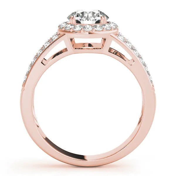 Rose gold Emerald Diamond Halo Ring with Split Shank Pavé Band and Four-Prong Setting